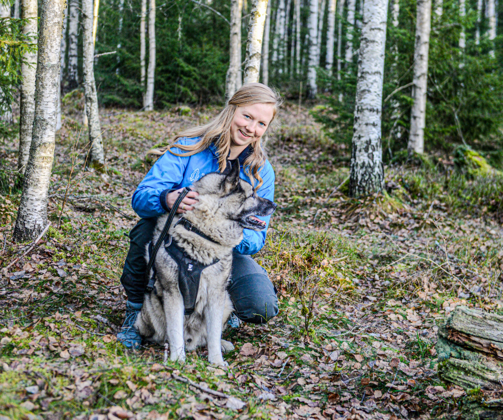 Kari Hunstad Mørck med elghund i skogen.