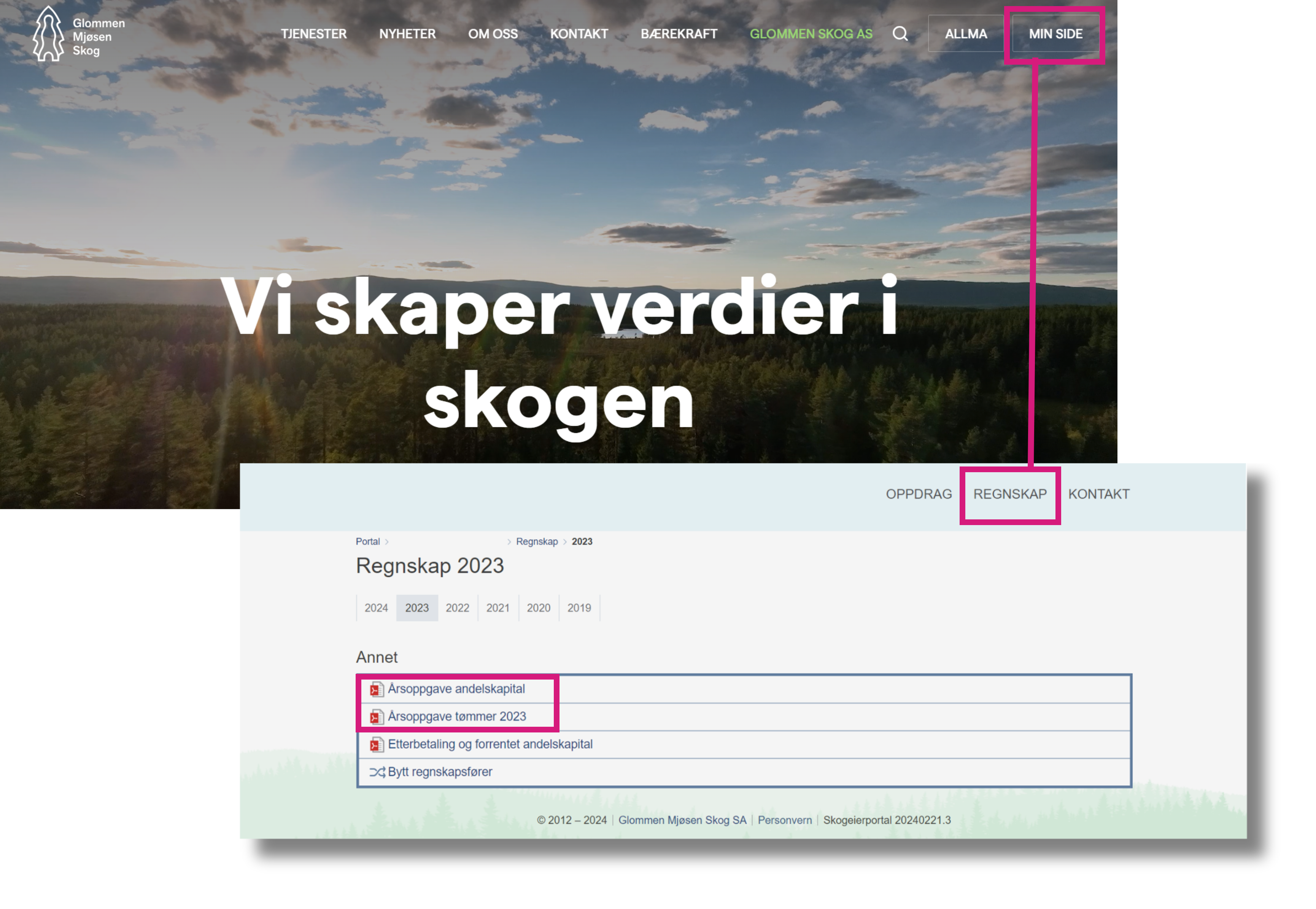 Skjermbilde fra Glommen Mjøsen Skogs nettside og 