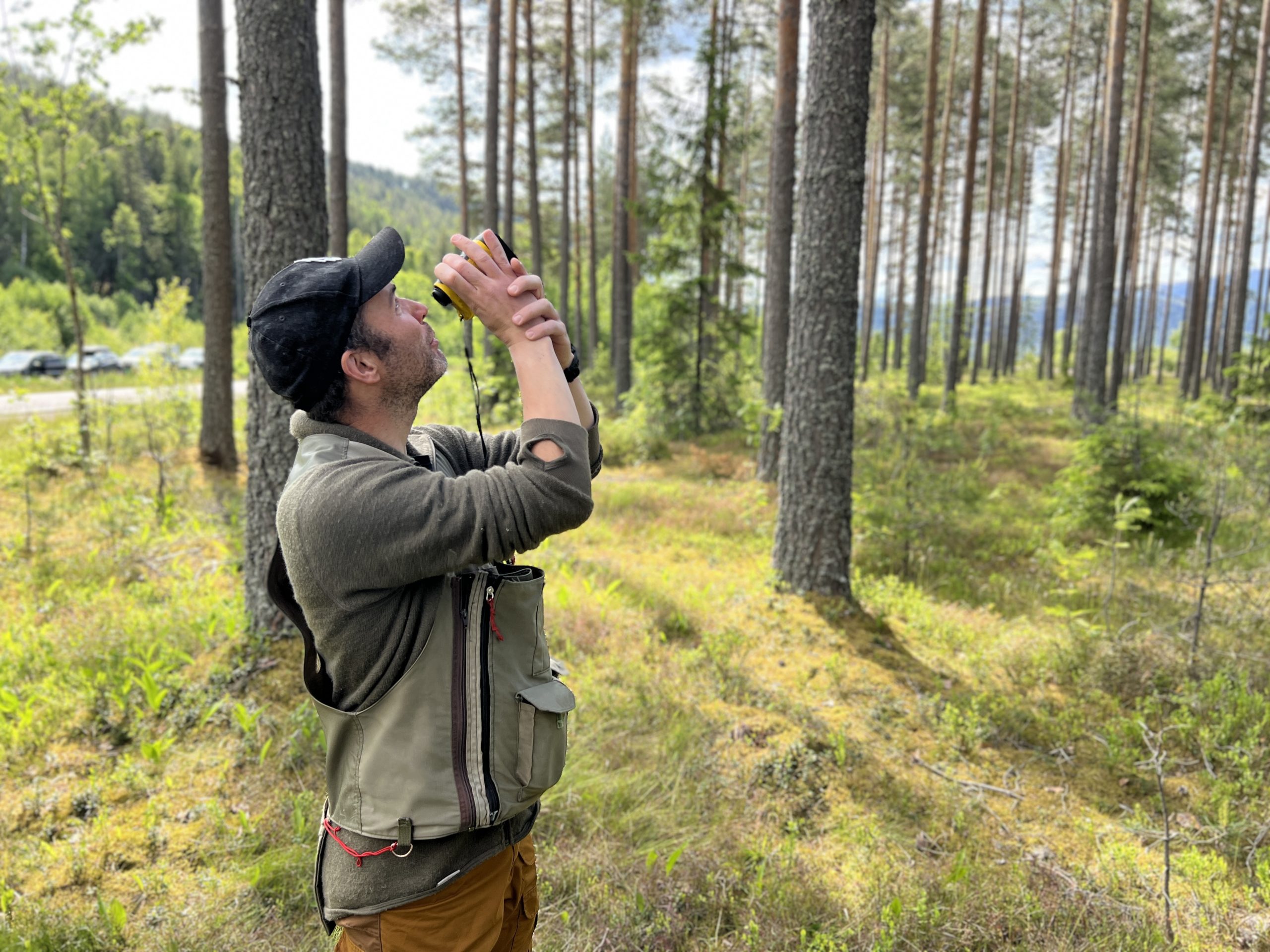 Mann med lasermåler i skogen.