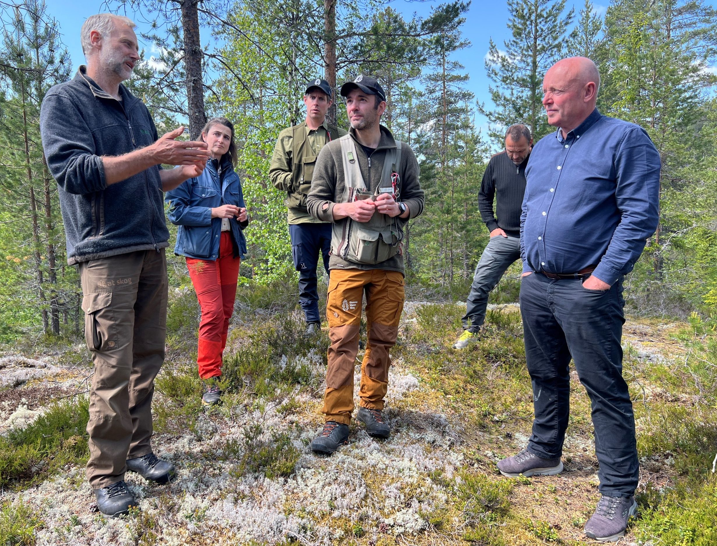 Gruppe mennesker snakker i skogen.