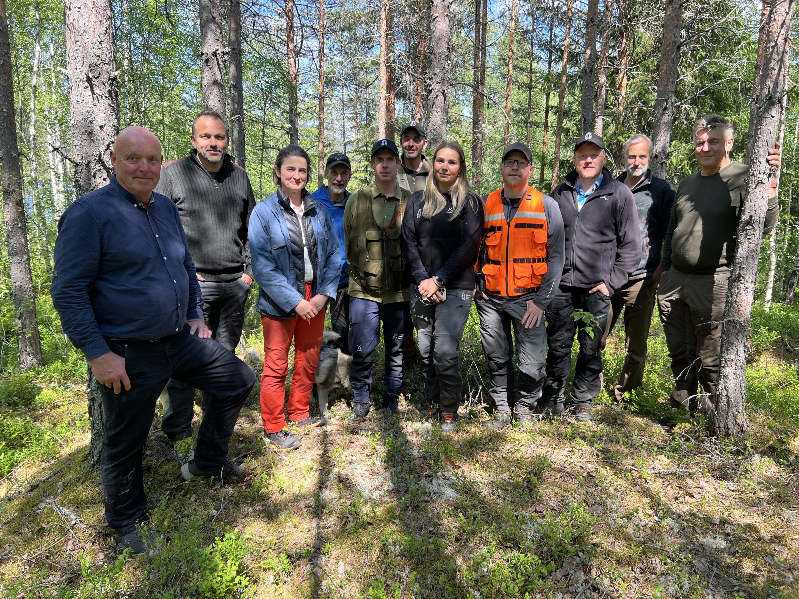 Gruppe mennesker i skogen.